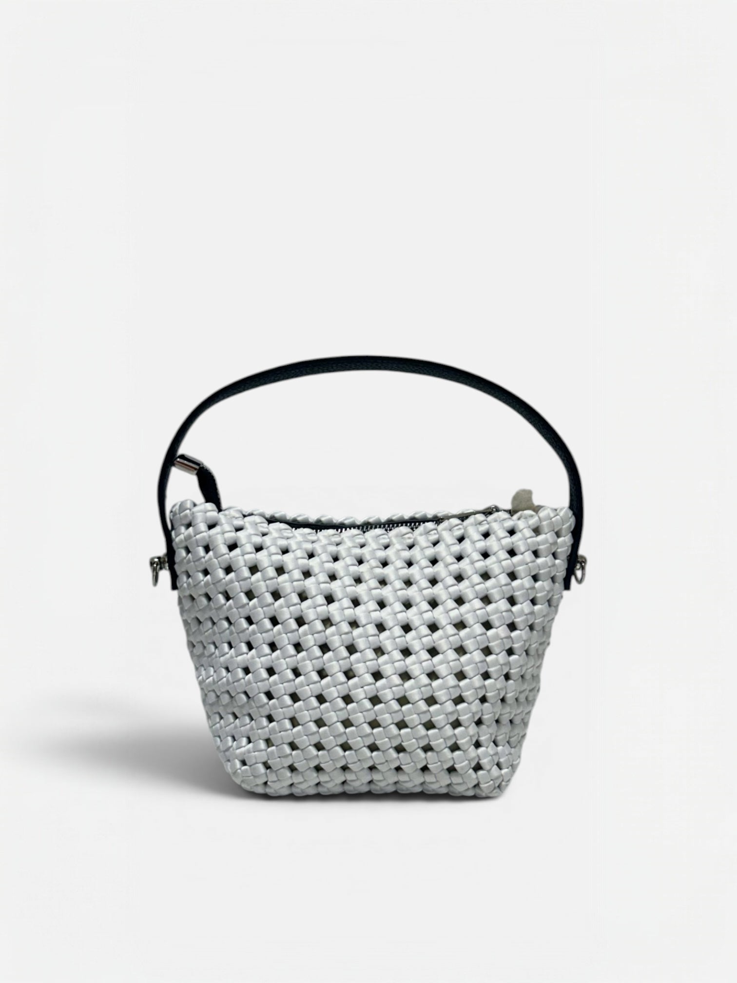 Mini borsa a secchiello Elia color bianco intrecciata con manico in vera pelle, vista frontale