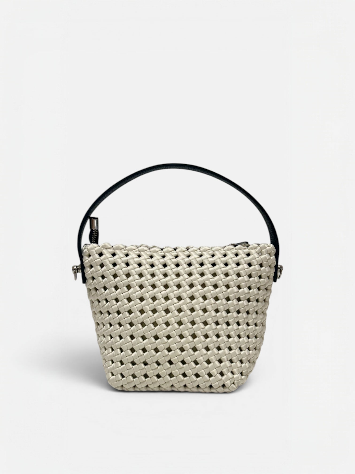 Mini borsa a secchiello Elia color beige o panna intrecciata con manico in vera pelle