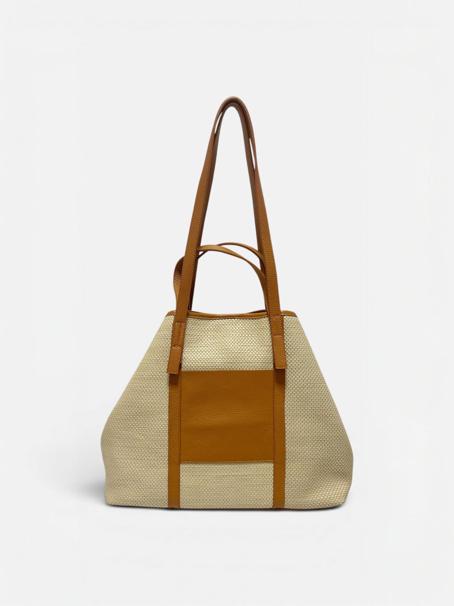 Marena-Borsa tote grande in rafia e vera pelle cuoio,convertibile a forma trapezoidale,vista frontale
