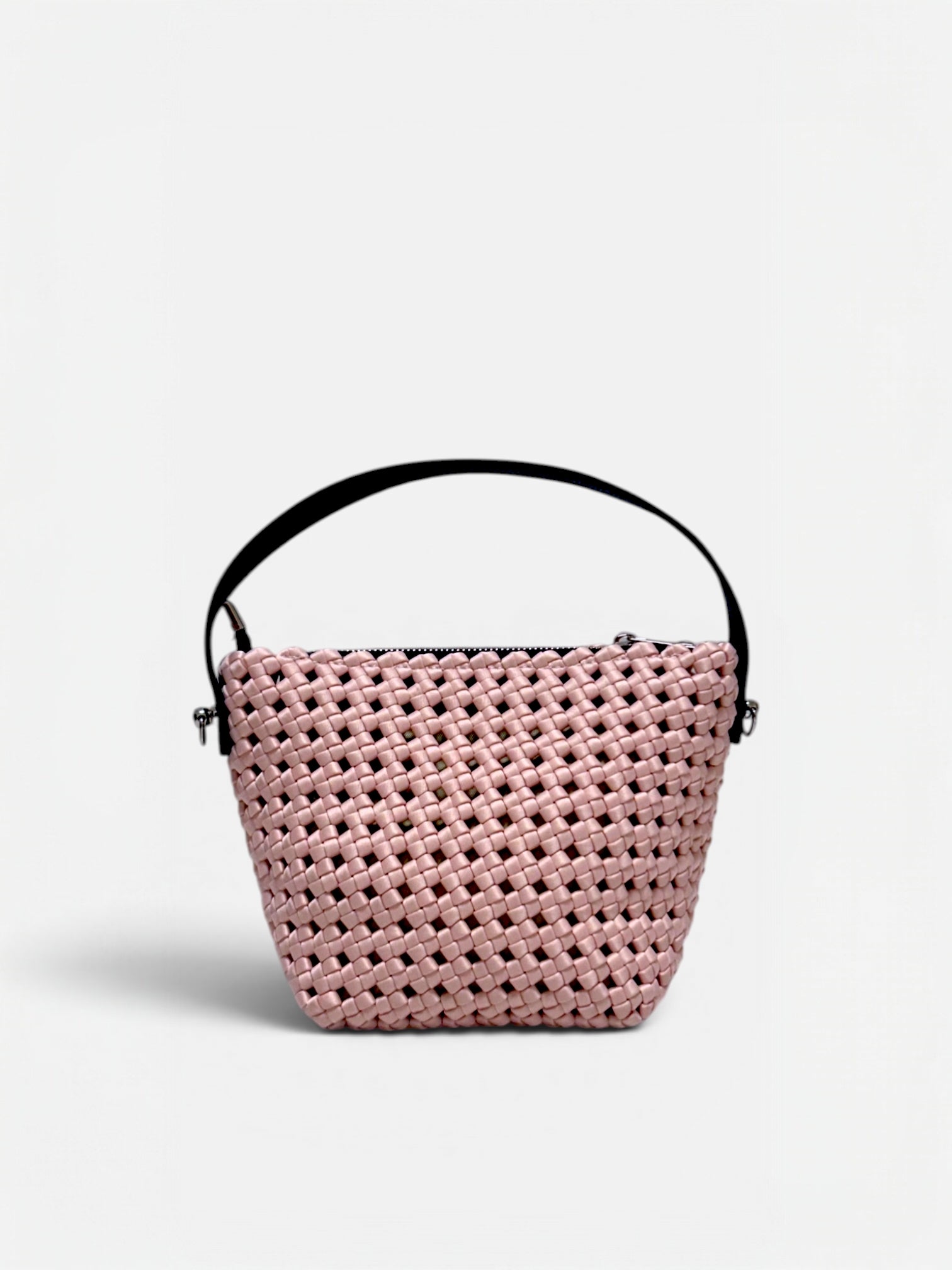 Mini borsa a secchiello Elia color rosa/pink intrecciata con manico in vera pelle, vista frontale